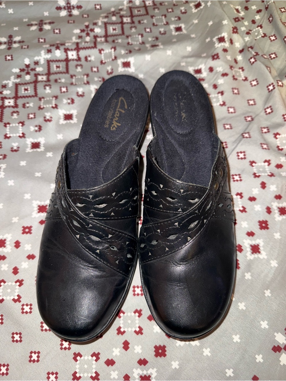 Clarks Black Leather Slip-On Mules with Cutout Straps
